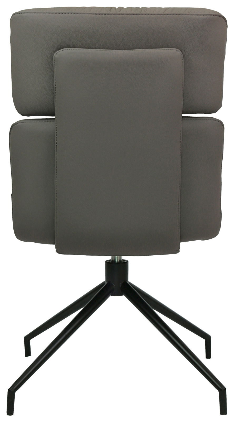 Rückansicht eines modernen grauen Stuhls mit gepolsterter Rückenlehne und schwarzem Metallgestell.
