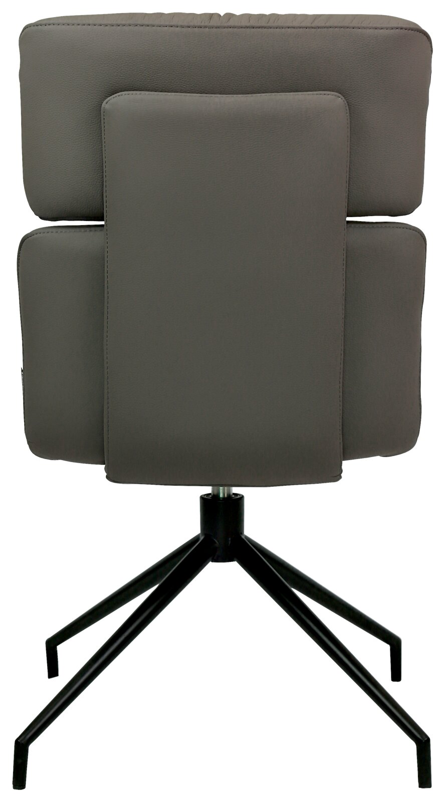 Rückansicht eines modernen grauen Stuhls mit gepolsterter Rückenlehne und schwarzem Metallgestell.