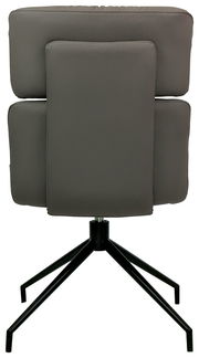 Rückansicht eines modernen grauen Stuhls mit gepolsterter Rückenlehne und schwarzem Metallgestell.