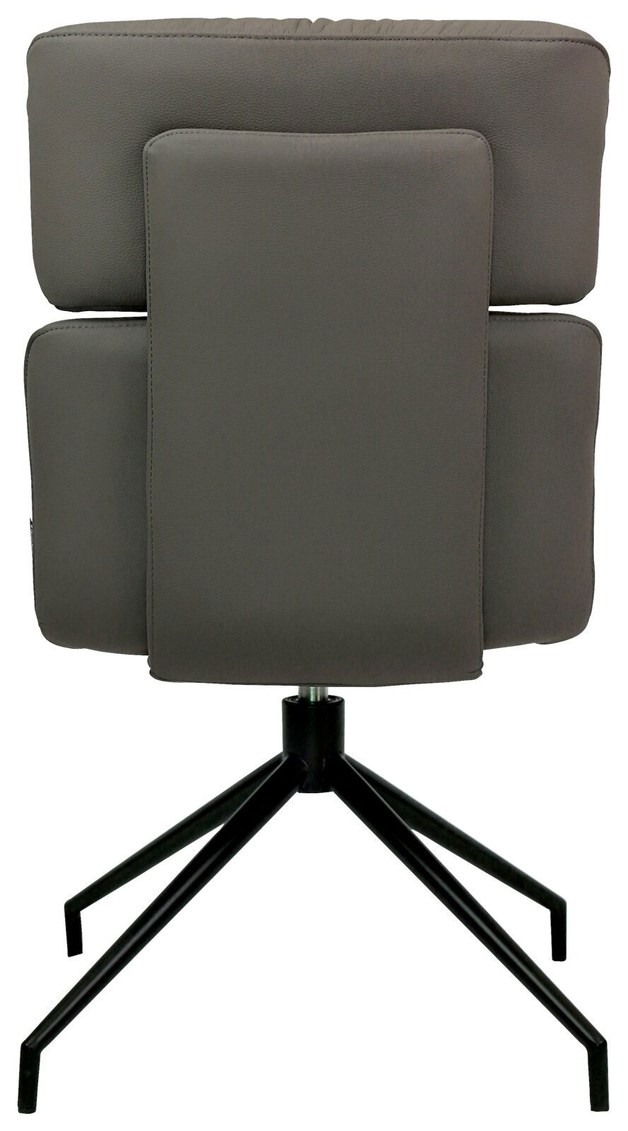 Rückansicht eines modernen grauen Stuhls mit gepolsterter Rückenlehne und schwarzem Metallgestell.