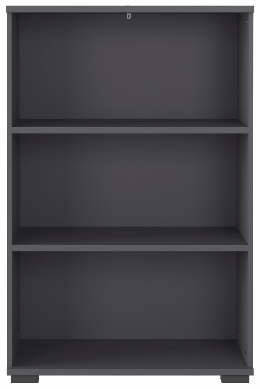 Frontale Ansicht eines grauen Aktenregals mit drei Regalböden.