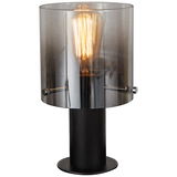 Moderne Tischleuchte mit rauchgrauem Glasschirm und sichtbarer Glühbirne, seitliche Perspektive