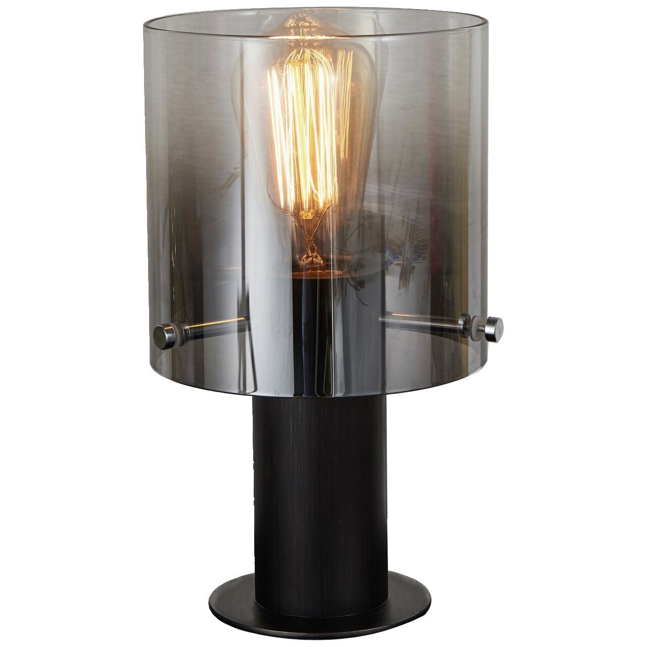 Moderne Tischleuchte mit rauchgrauem Glasschirm und sichtbarer Glühbirne, seitliche Perspektive