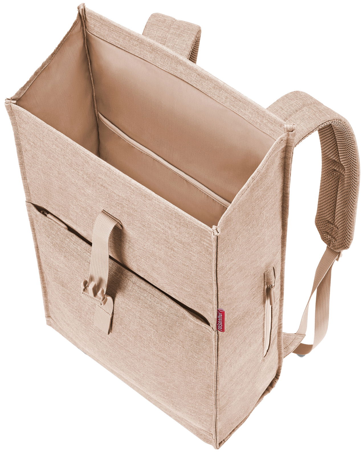 Beiger Rucksack mit Rolltop-Design, von oben fotografiert, zeigt geräumiges Hauptfach und Fronttasche.