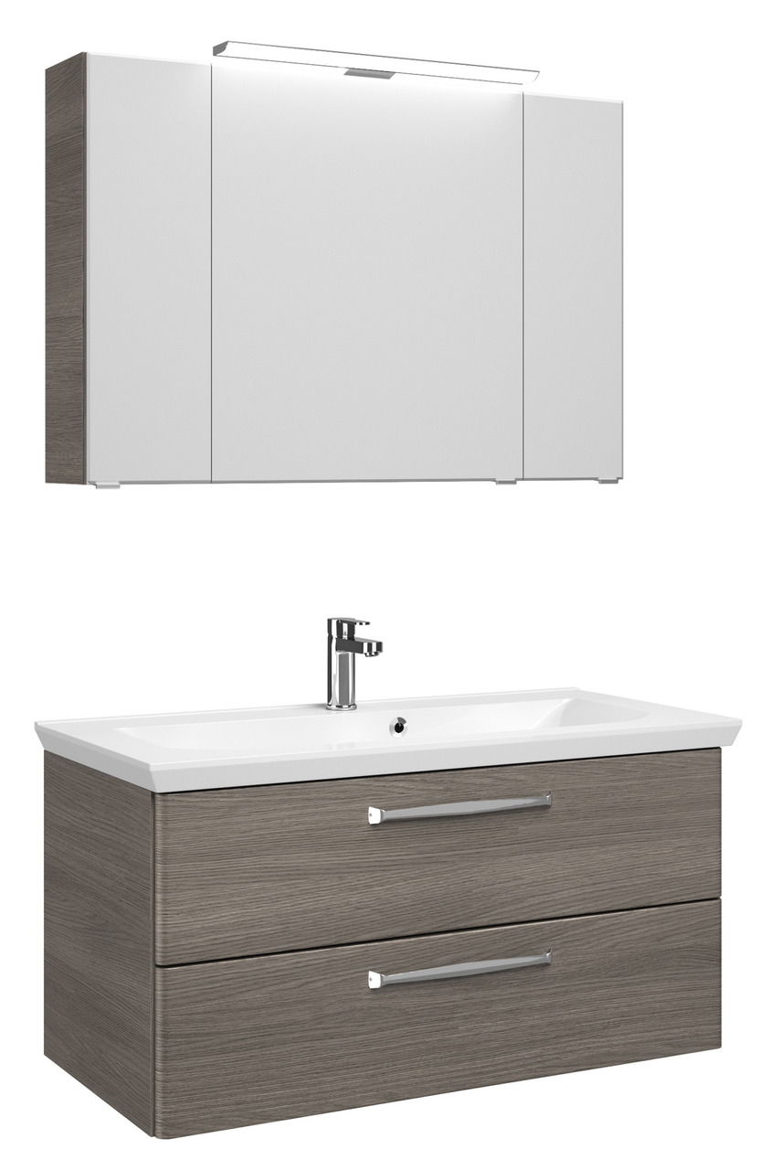 Pelipal Badblock 110cm TRENTINO Moderner Badblock mit Spiegelschrank und Waschbeckenunterschrank in Holzoptik, Frontalansicht