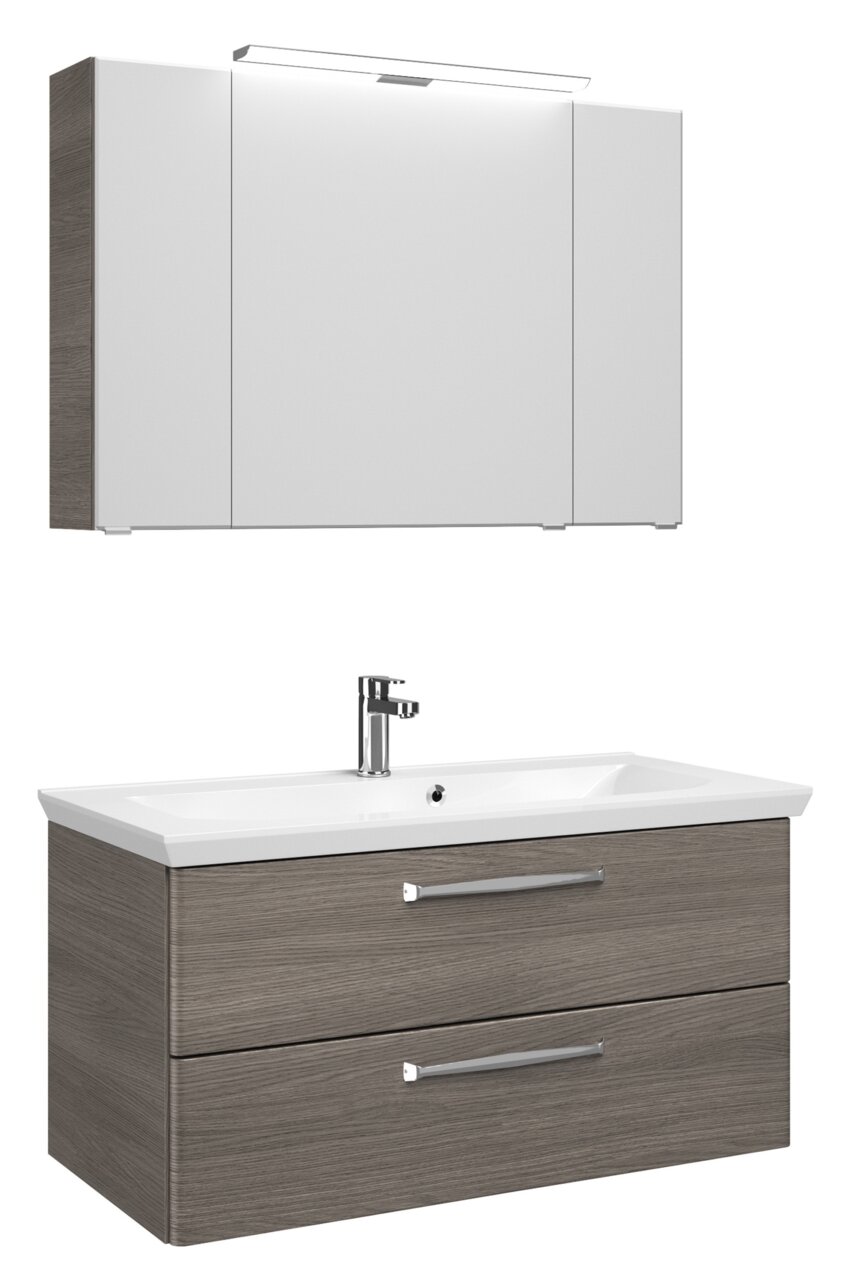 Pelipal Badblock 110cm TRENTINO Moderner Badblock mit Spiegelschrank und Waschbeckenunterschrank in Holzoptik, Frontalansicht