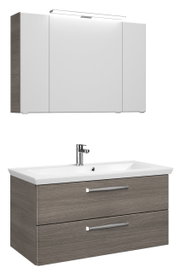 Modern badkamermeubel met spiegelkast en wastafelonderkast in houtlook, vooraanzicht