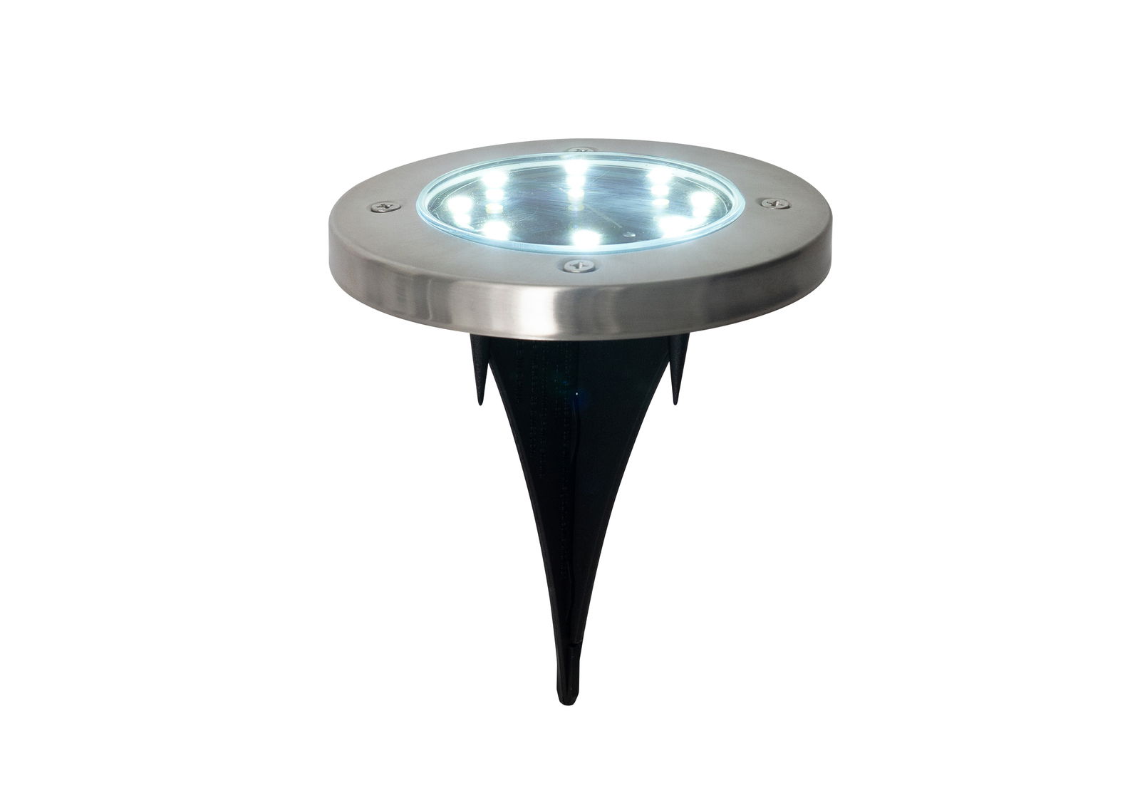 Solarleuchte mit Edelstahlrahmen und Erdspieß, seitliche Perspektive