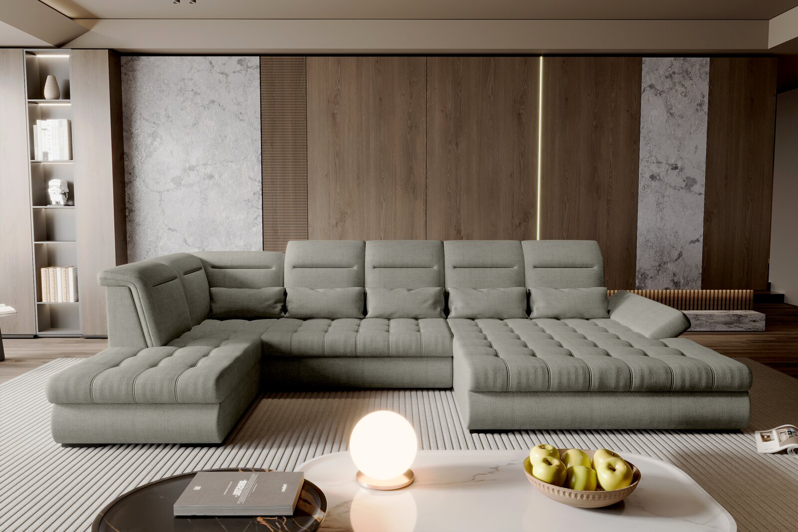 Modernes, hellgraues U-förmiges Lounge-Ecksofa mit gesteppter Sitzfläche und verstellbaren Rückenlehnen in einem eleganten Wohnzimmer, Frontansicht auf Augenhöhe