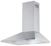 Silberne Dunstabzugshaube in Frontalansicht mit rechteckigem Schacht und Bedienelementen an der Vorderseite.