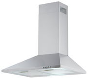 Silberne Dunstabzugshaube in Frontalansicht mit rechteckigem Schacht und Bedienelementen an der Vorderseite.