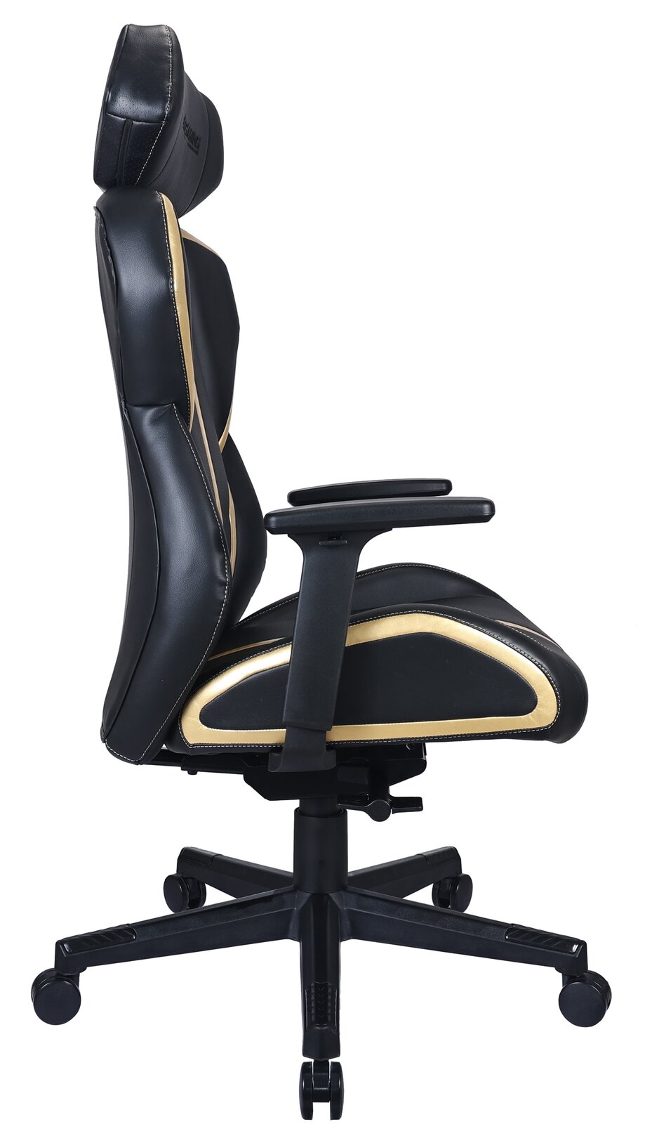 Seitliche Ansicht eines schwarzen Gaming-Stuhls mit goldenen Akzenten und verstellbaren Armlehnen.