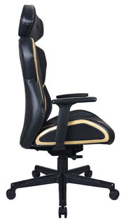Seitliche Ansicht eines schwarzen Gaming-Stuhls mit goldenen Akzenten und verstellbaren Armlehnen.