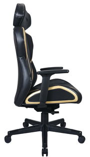 Seitliche Ansicht eines schwarzen Gaming-Stuhls mit goldenen Akzenten und verstellbaren Armlehnen.