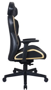 Seitliche Ansicht eines schwarzen Gaming-Stuhls mit goldenen Akzenten und verstellbaren Armlehnen.