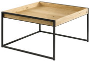 Moderner Couchtisch aus Holz mit schwarzem Metallrahmen, seitliche Perspektive