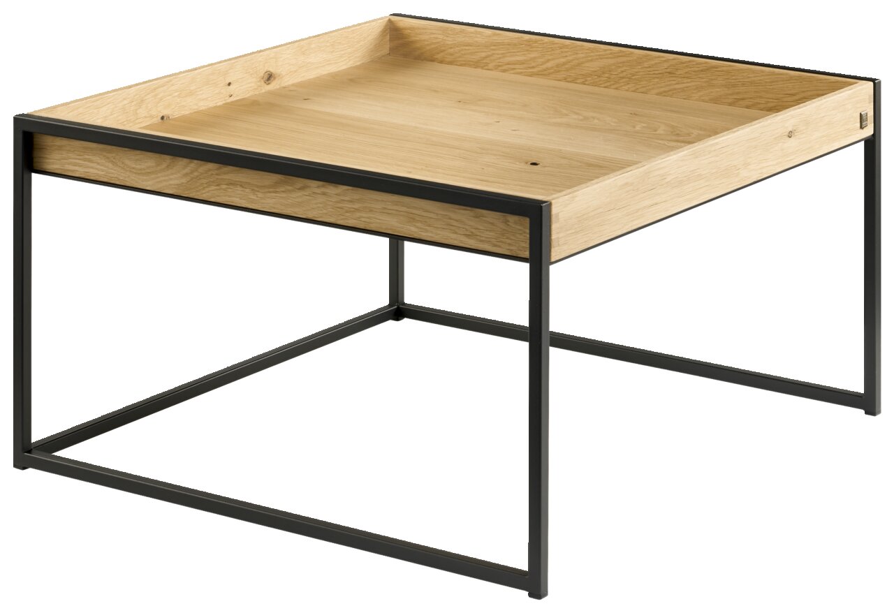 Moderner Couchtisch aus Holz mit schwarzem Metallrahmen, seitliche Perspektive