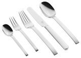 Set aus poliertem Edelstahlbesteck, bestehend aus Messer, Gabel, Löffel, Dessertgabel und Teelöffel, in seitlicher Perspektive.
