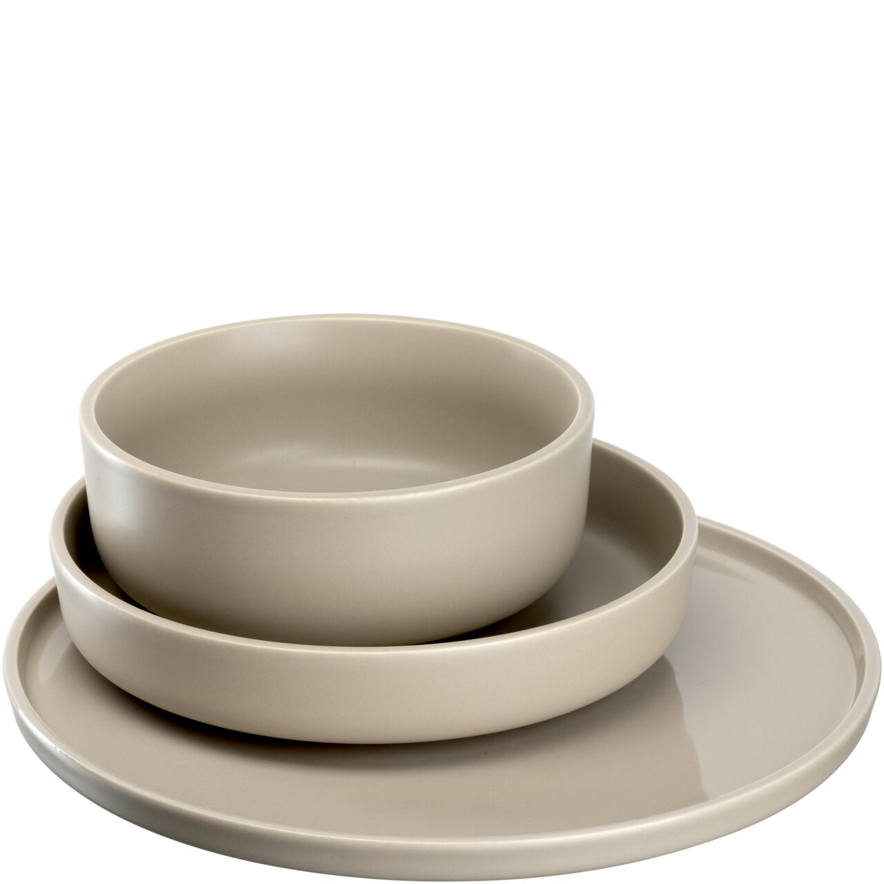 Beigefarbenes Geschirrset ROMA von Leonardo, bestehend aus einem Teller, einer Schale und einer kleinen Schüssel, seitliche Perspektive.