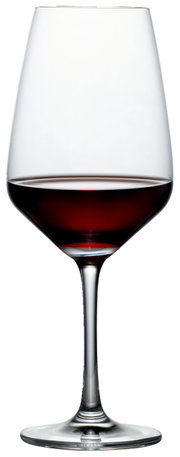 Weinglas mit rotem Wein, frontale Ansicht