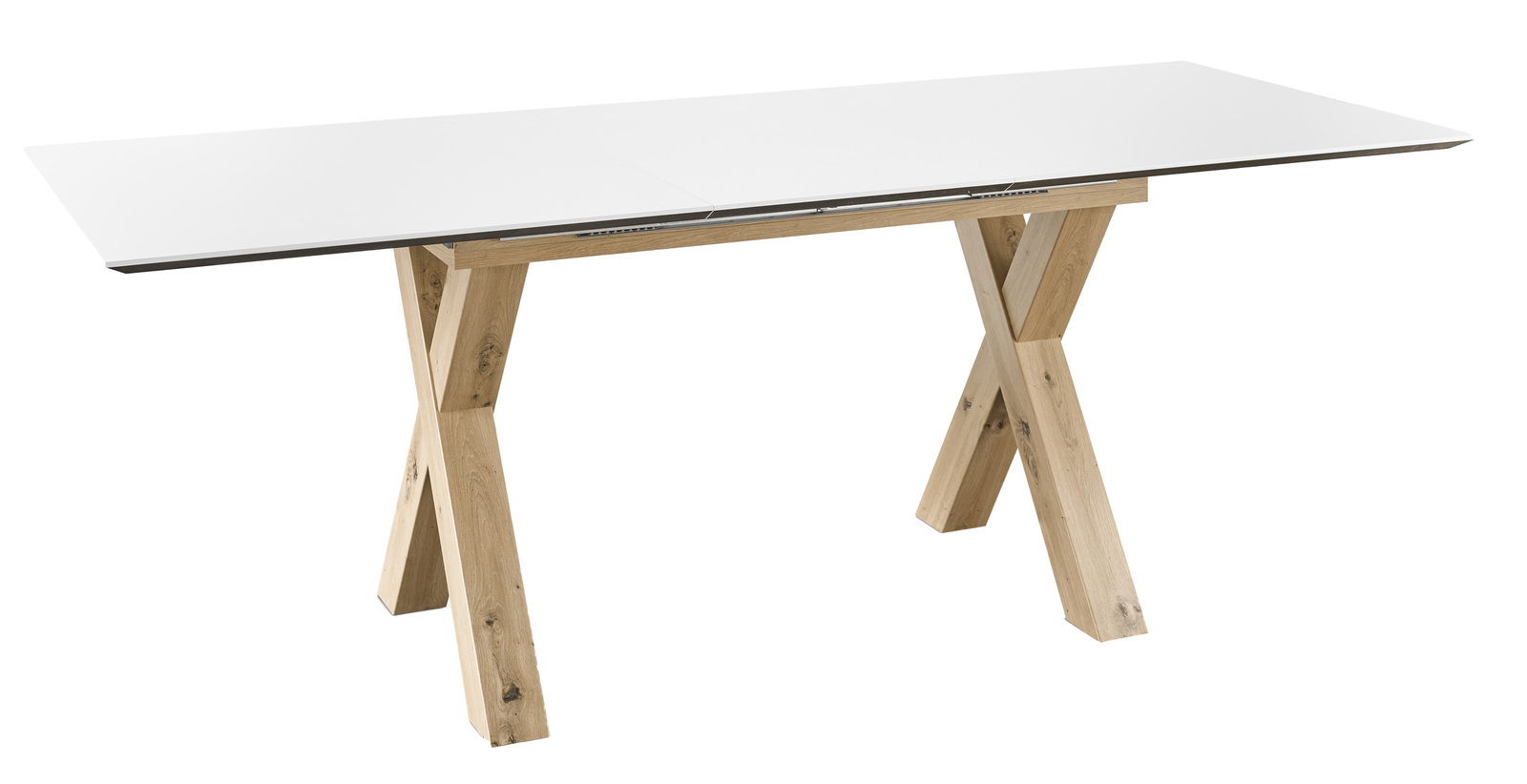 Moderner Esstisch mit weißer Tischplatte und X-förmigen Holzbeinen, seitliche Perspektive