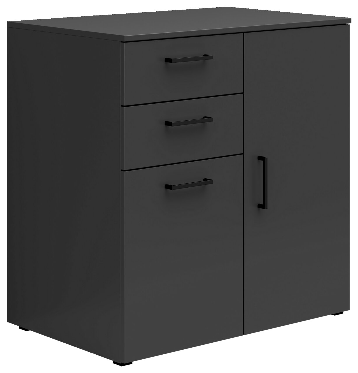 Carryhome Kommode MULTISTAURAUM Schwarze Kommode mit drei Schubladen und einer Tür, seitliche Perspektive