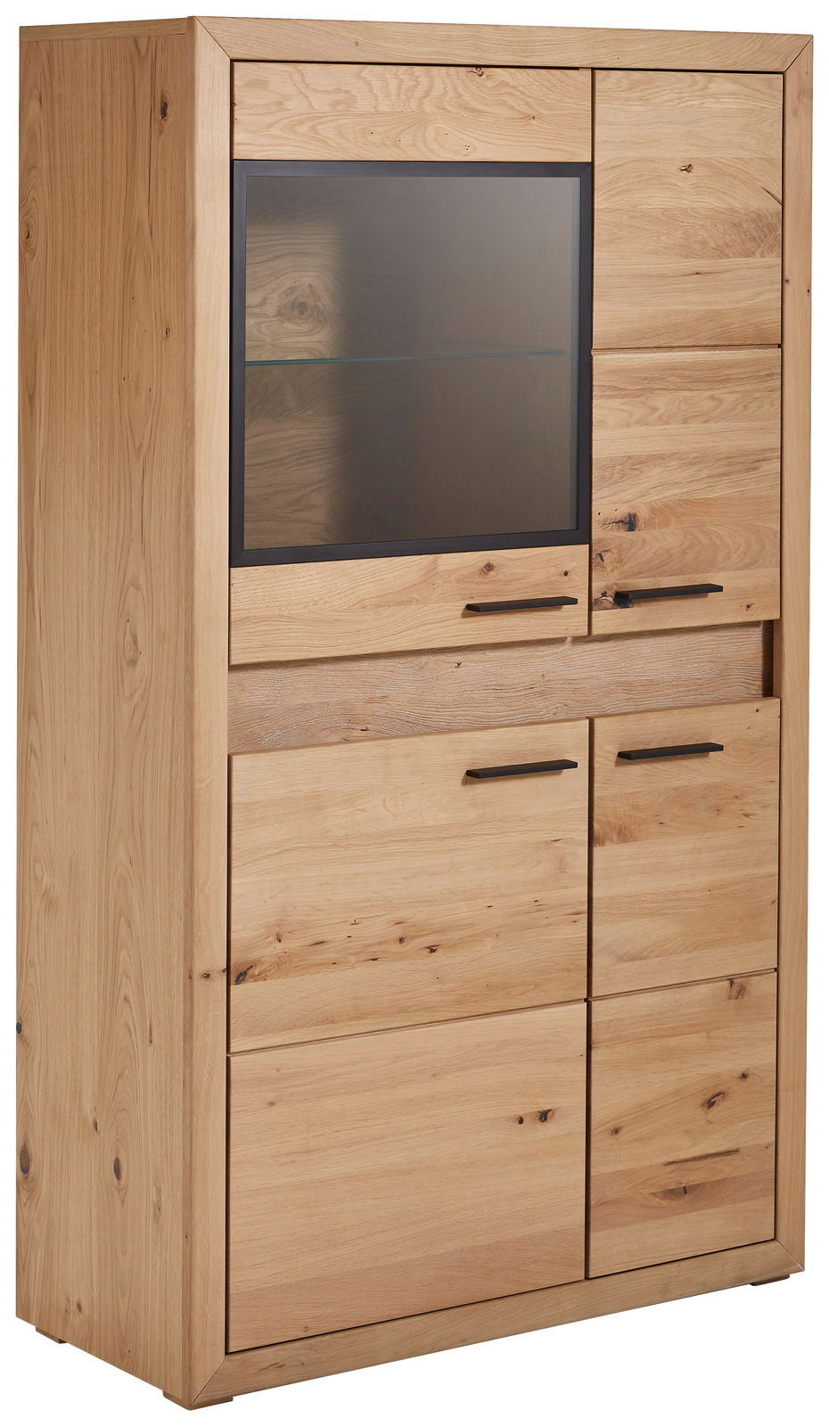 Hochwertiges Highboard aus Holz mit Glaseinsatz, seitliche Perspektive