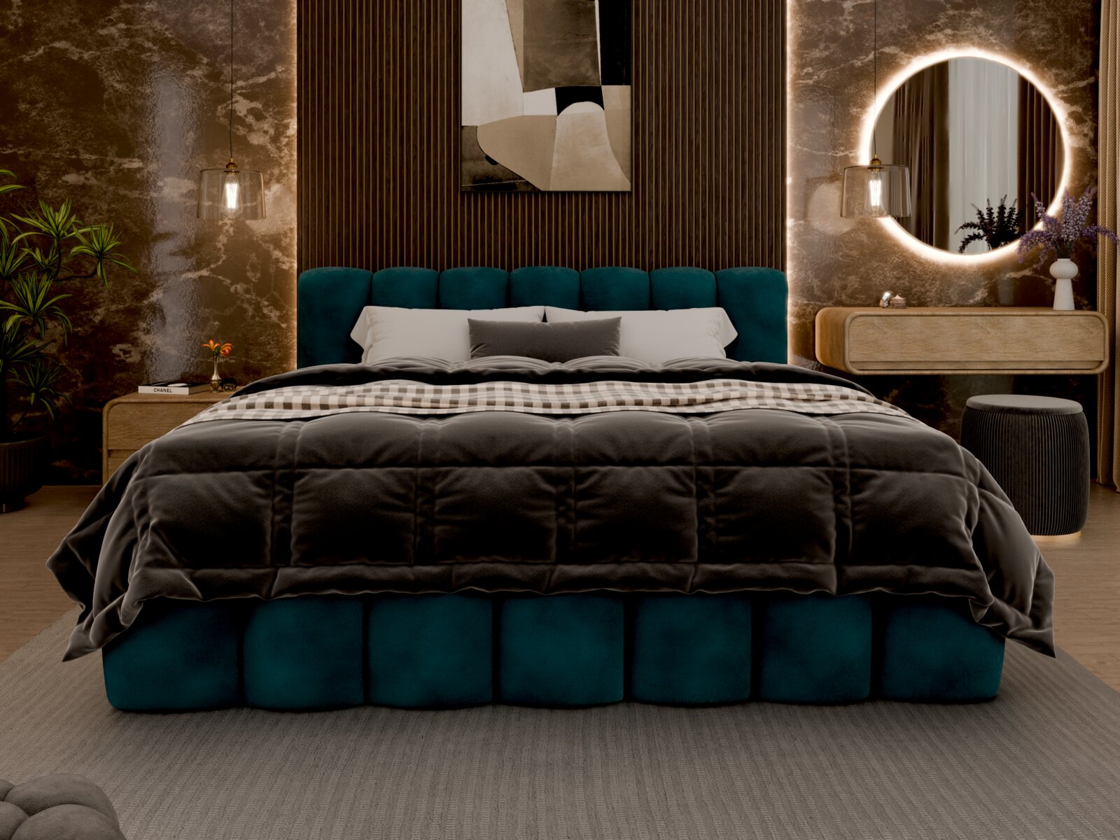 Frontale Ansicht eines eleganten Polsterbettgestells in einem stilvoll eingerichteten Schlafzimmer mit grüner Polsterung und moderner Dekoration.