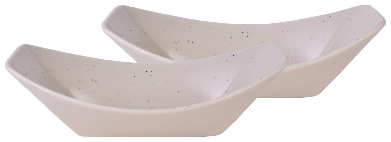 Creatable Boat 2-tlg STREET FOOD Zwei weiße, gesprenkelte Servier- oder Salatschalen aus Keramik/Porzellan in geschwungener, rechteckiger Form, schräg von vorne in leichter Seitenansicht fotografiert.