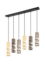 Moderne Pendelleuchte Stream mit sechs spiralförmigen Lampenschirmen in verschiedenen Farben, seitliche Perspektive