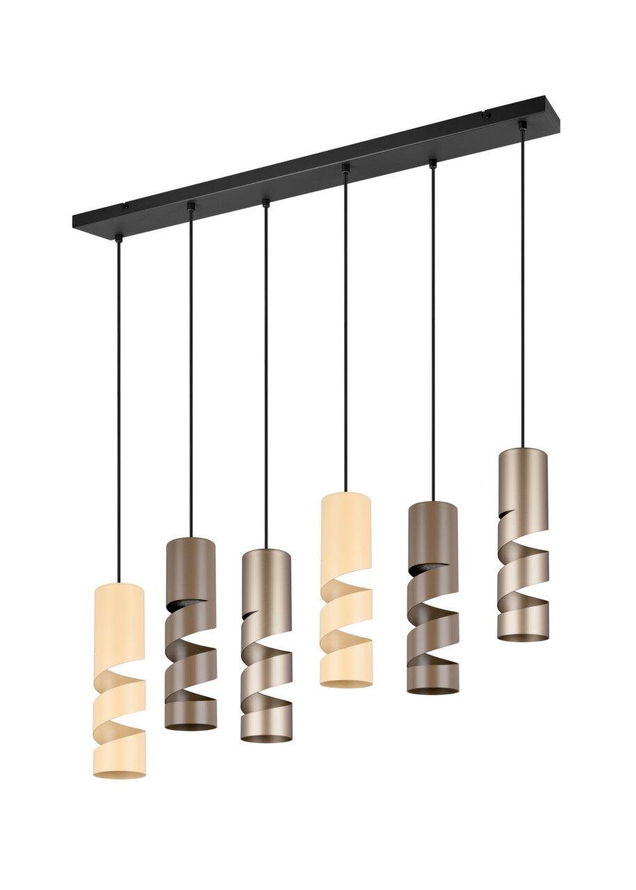 Moderne Pendelleuchte Stream mit sechs spiralförmigen Lampenschirmen in verschiedenen Farben, seitliche Perspektive