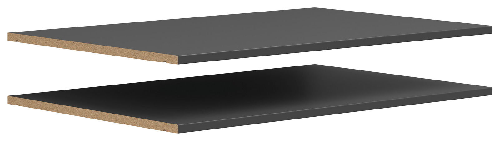 Zwei schwarze Einlegeböden aus Holzwerkstoff, perspektivisch von der Seite gezeigt.