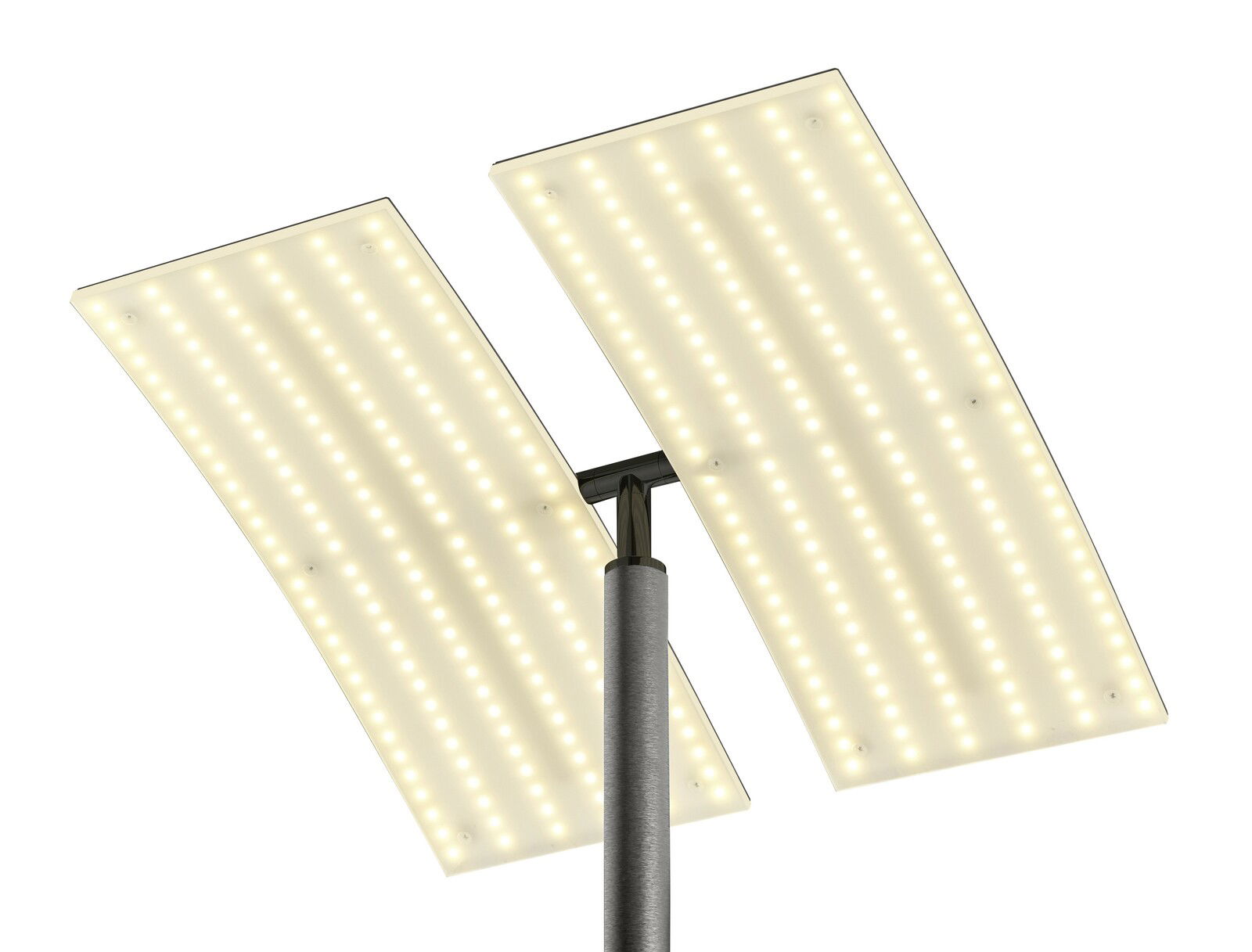 Nahaufnahme der Stehleuchte ANDY mit zwei rechteckigen, leuchtenden LED-Panels in schräger Perspektive.