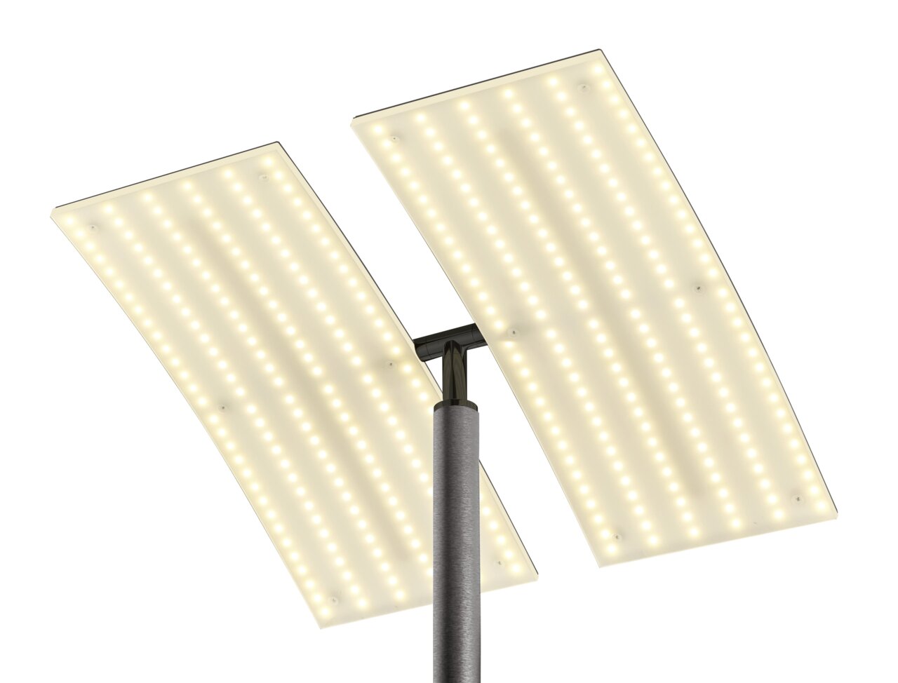 Nahaufnahme der Stehleuchte ANDY mit zwei rechteckigen, leuchtenden LED-Panels in schräger Perspektive.