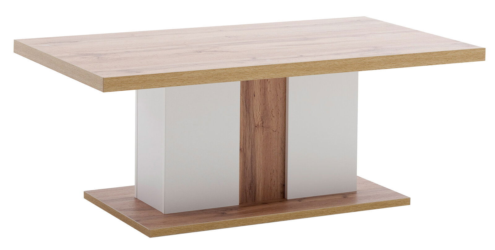 Moderner Couchtisch aus Holz mit rechteckiger Tischplatte und stabiler Mittelsäule, seitliche Perspektive