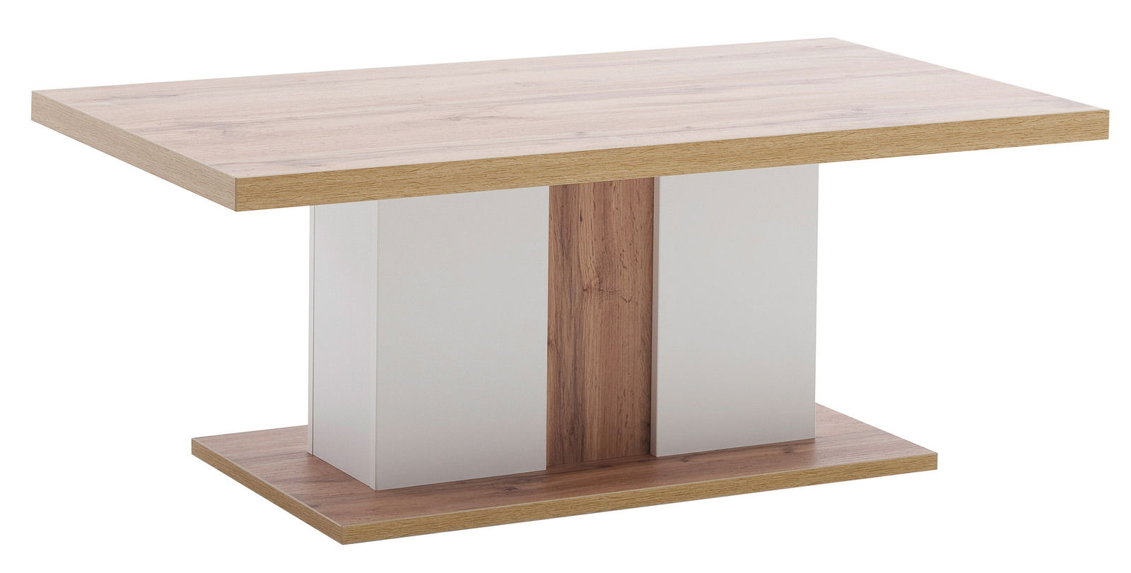 Moderner Couchtisch aus Holz mit rechteckiger Tischplatte und stabiler Mittelsäule, seitliche Perspektive