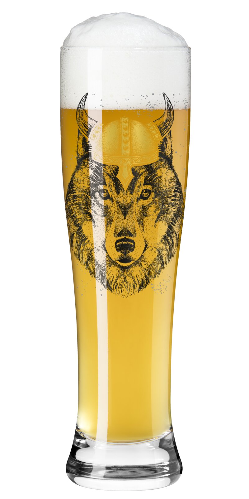Hoog, slank bierglas met goudkleurig bier en dikke schuimkraag, met een zwarte illustratie van een wolf met Vikinghelm op de voorkant, frontaal aanzicht.