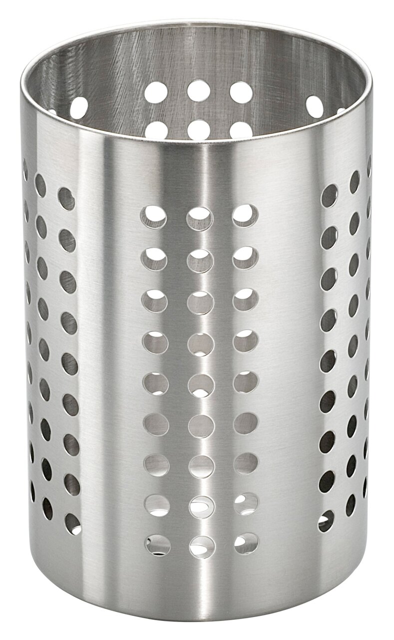Metallener Utensilienbehälter mit runden Löchern, seitliche Perspektive