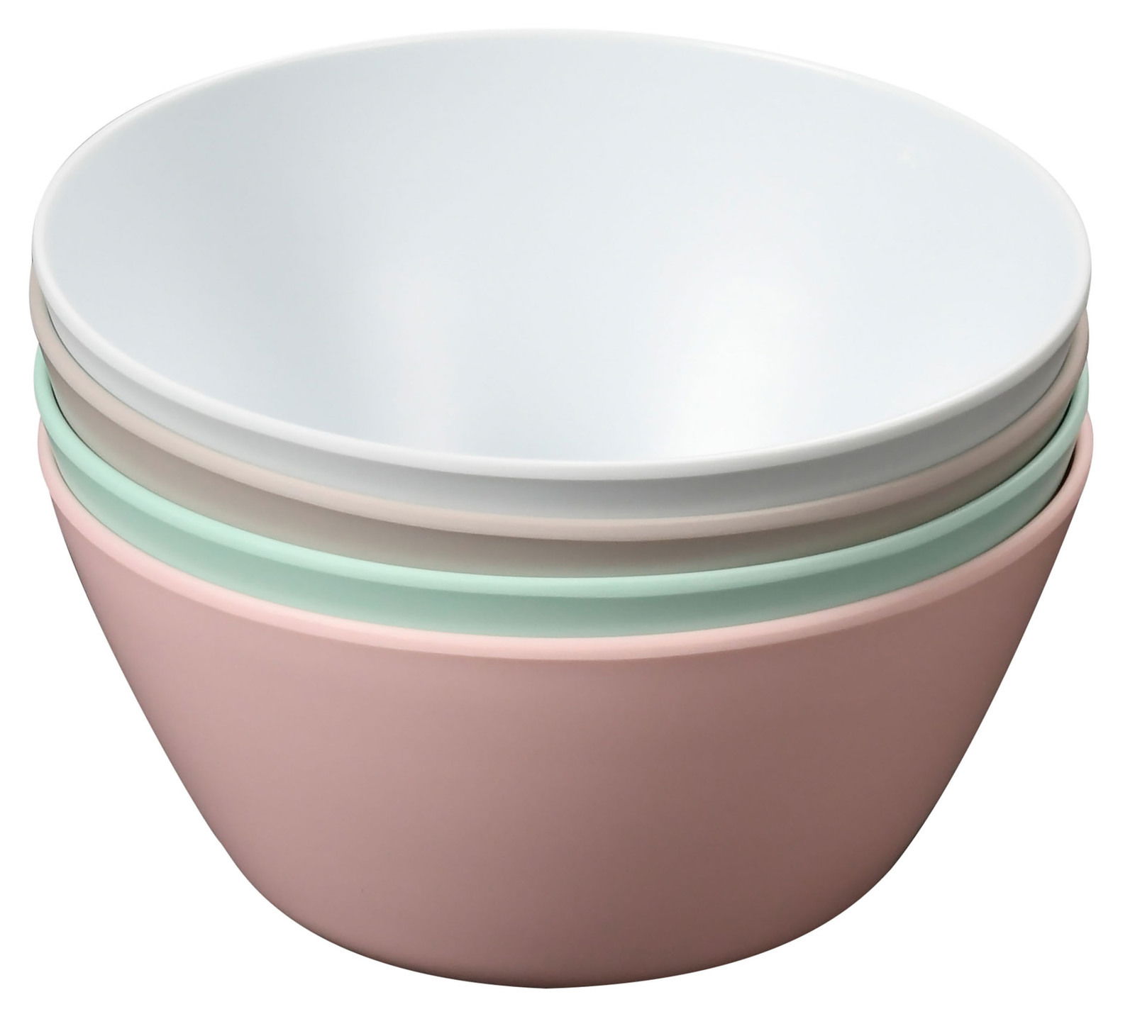 Vier stapelbare Obst- und Salatschalen in Pastellfarben, seitliche Perspektive