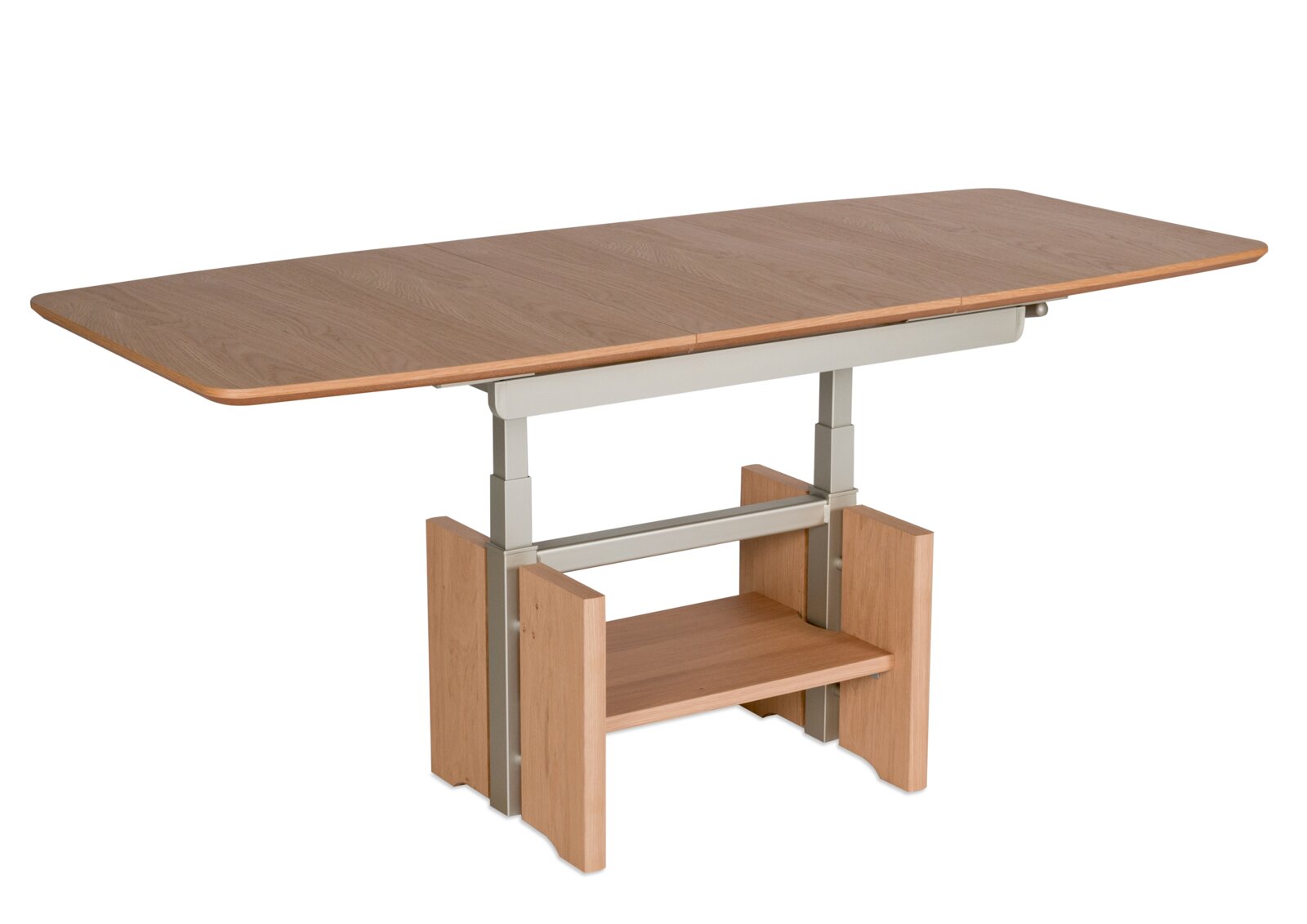 Moderner Couchtisch aus Holz mit verstellbarer Höhe, seitliche Perspektive