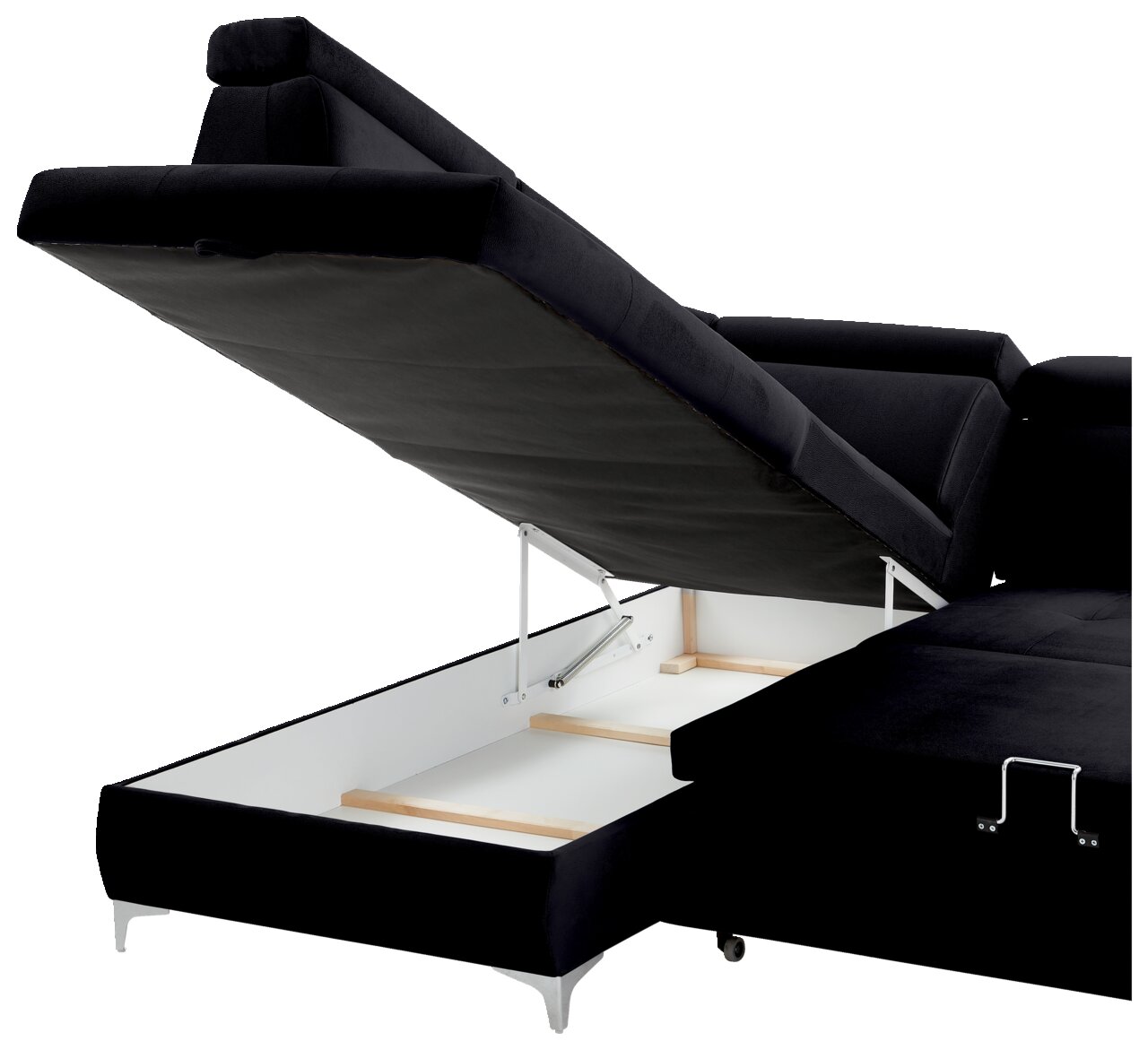 Schwarze Rundecke mit geöffneter Stauraumfunktion, seitliche Perspektive