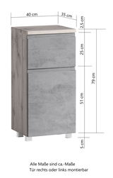 Moderner Unterschrank in Holzoptik mit grauer Front, seitliche Perspektive, Maße: 40 cm Breite, 35 cm Tiefe, 79 cm Höhe.