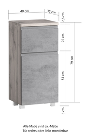 Moderner Unterschrank in Holzoptik mit grauer Front, seitliche Perspektive, Maße: 40 cm Breite, 35 cm Tiefe, 79 cm Höhe.
