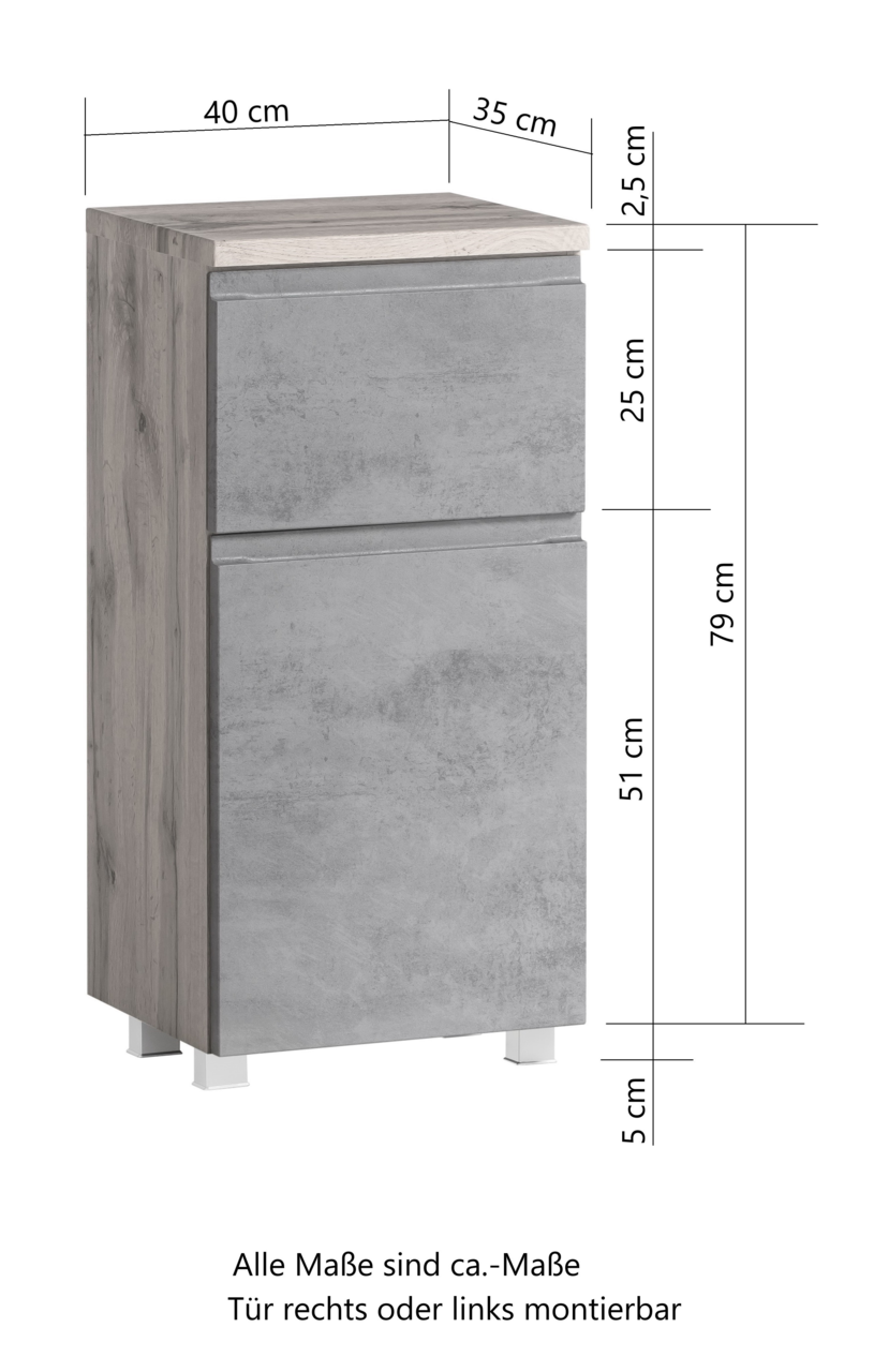 Moderner Unterschrank in Holzoptik mit grauer Front, seitliche Perspektive, Maße: 40 cm Breite, 35 cm Tiefe, 79 cm Höhe.