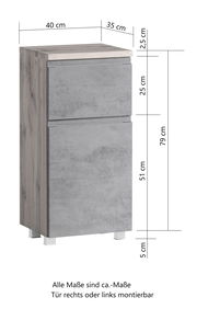 Moderner Unterschrank in Holzoptik mit grauer Front, seitliche Perspektive, Maße: 40 cm Breite, 35 cm Tiefe, 79 cm Höhe.