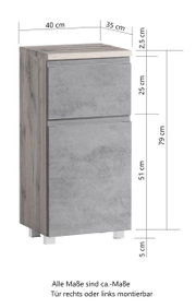 Moderner Unterschrank in Holzoptik mit grauer Front, seitliche Perspektive, Maße: 40 cm Breite, 35 cm Tiefe, 79 cm Höhe.