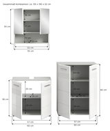 Badkombination bestehend aus einem Hängeschrank mit Spiegeltüren und zwei Unterschränken mit Türen, in weißem Design. Frontansicht.