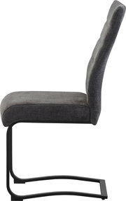 Gepolsterter Esszimmerstuhl in Dunkelgrau mit schwarzem Freischwinger-Metallgestell, Seitenansicht (Profil) vor weißem Hintergrund