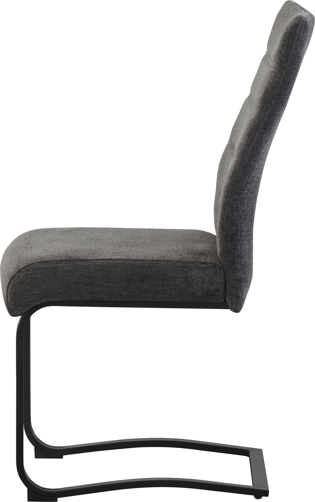 Gepolsterter Esszimmerstuhl in Dunkelgrau mit schwarzem Freischwinger-Metallgestell, Seitenansicht (Profil) vor weißem Hintergrund