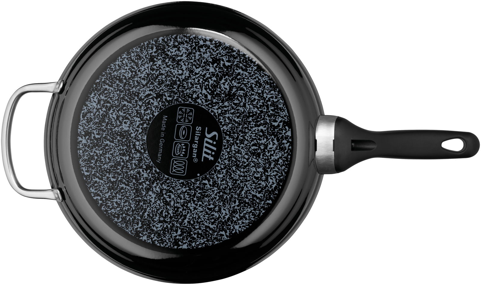 Silit Stielpfanne PROFESSIONAL Ansicht von oben auf eine schwarze Stielpfanne mit einem langen Griff und einem zusätzlichen Haltegriff, hergestellt in Deutschland.